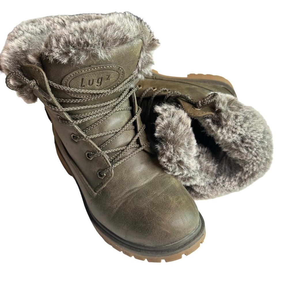 Lugz Fur Boots Army Green Lace Up Combat Style Faux Fur Boots Size 7.5